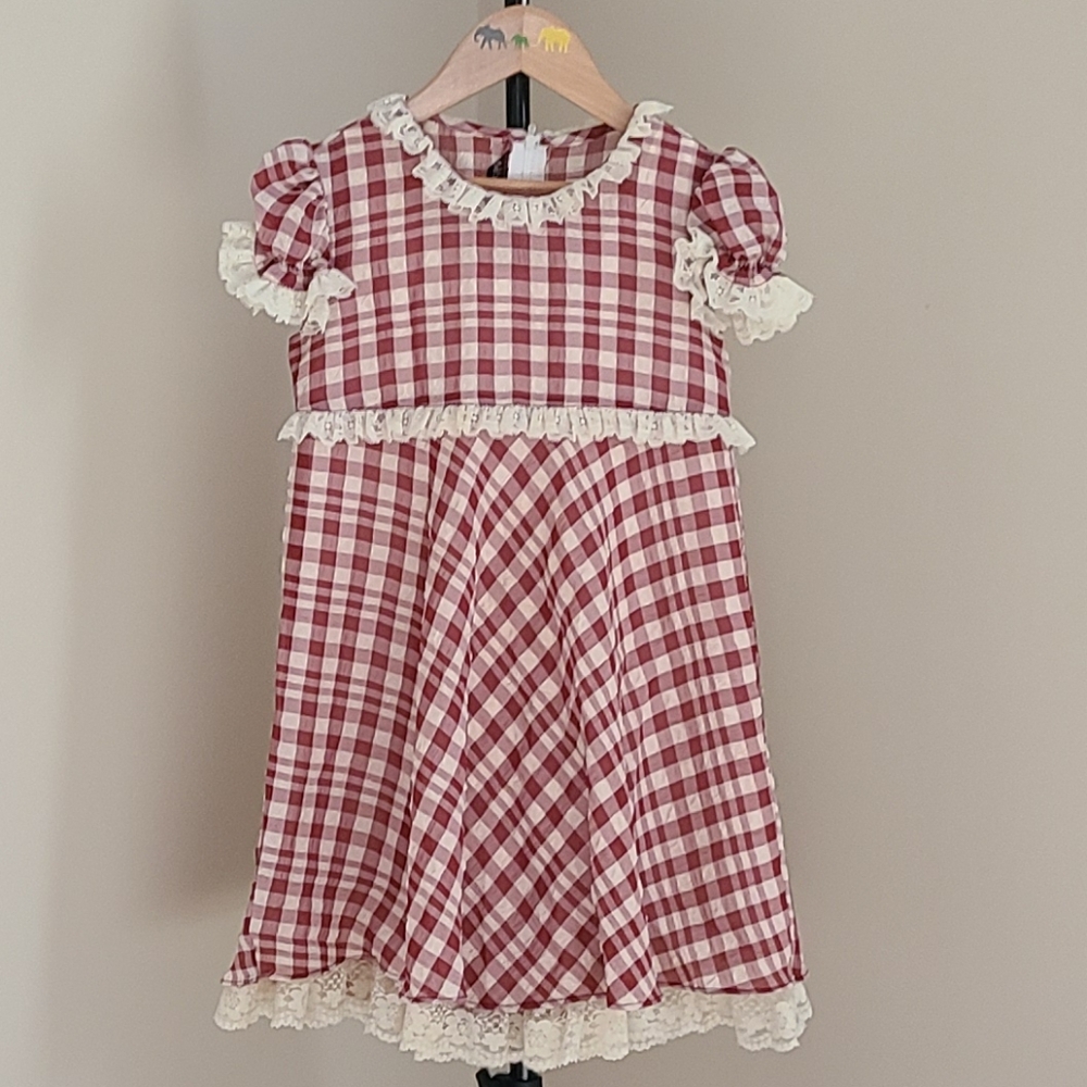 Vintage Bebe Burgundy/White Puff Short Sleeve Gingham Lace Dress With Purse